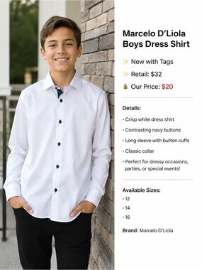 Marcelo D'Liola Boys' White Dress Shirt with Navy Accent